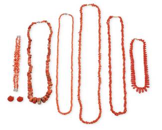 1119 A Group of Coral Jewelry Including five necklace, one bracelet and one pair of earrings featuring various forms of coral beads 8 pieces  Necklaces: 17 - 39 in., Bracelet: 8 in., Earrings: 3/4 in. 315.2 gram gross Estimate: $400 - $600