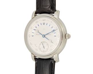 1062 Maurice Lacroix: A Stainless-Steel 'Jour et Nuit' Watch Dial: 35.00 mm, round with Panerai hour markers Case: 45.00 mm Case number: 13637 Closure: black leather strap with stainless-steel deployment clasp Signed: dial and case  Inner circumference: 8 - 9 1/2 in. 86.4 grams gross Estimate: $800 - $1,200