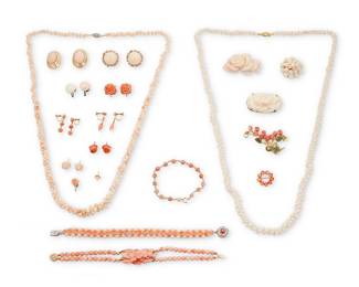 1122 A Group of Coral Jewelry Including two necklaces, three bracelets, five brooches, eight pairs of earrings and two single earrings of various light coral beads and carved elements 28 pieces  Necklaces: 30 in. and 31 in., Bracelets: 7 1/2 in., Brooches: 3/4 - 2 in., Earrings: 1/4 - 1 1/34 in. 254.3 grams gross Estimate: $400 - $600