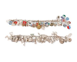1207 Two Sterling and Enamel Charm Bracelets Indulging two bracelets suspending thirty-five and fifty-six charms featuring animals, city crests and name plates 2 pieces  Lengths: 7 1/2 in. 138.0 grams gross Estimate: $800 - $1,000