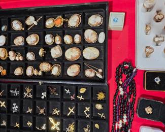 Assorted Gold jewelry including a great selection of Gold Cameos 