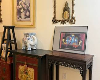 Antique Chinese Cabinet and Table, Vintage Mirrors