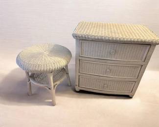 White Wicker Bedroom Set  Dresser And Side Table