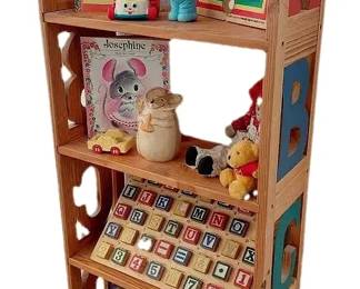 Alphabet Carved Bookcase With Vintage Toys