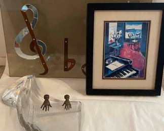 Eclectic, Musical Decor Lot Vinardi 1982 Glass Sculpture Signed  Numbered, Treble Cleft Glass Art,