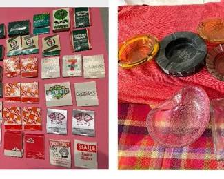 BW Coupons And Matchbooks plus Vintage Glass Ashtrays  one may be Murano