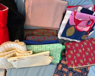 Yards Of Vintage Fabric Quilted, Satin And More  Plus Box Of Scraps