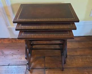 Vintage Mahogany Wood Leather Top Nesting Tables Tiered Set