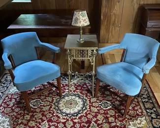 Brass Lamp, End Table 2 Upholstered Chairs