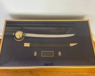 Vintage US Navy Ceremonial Sword, Scabbard, Badges and Placard