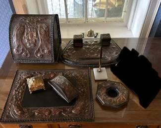 Antique Tooled Leather Desktop Accessories