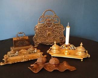 Antique Brass Letter Holder, Double Ink Well, Black Forest