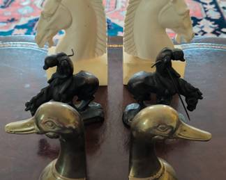 Lot of 3 Sets of Bookends Italian Stone Horse Heads Brass End of Trail Duck Heads