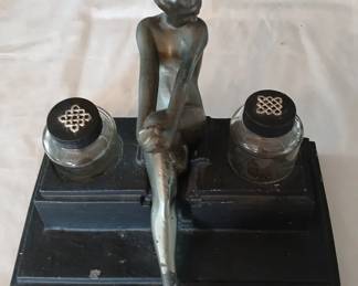 Vintage Art Deco Cast Metal Double Inkwell Standish Seated Female Nude