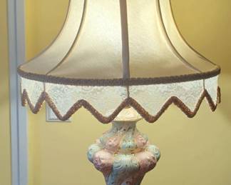 Vintage Italian Capodimonte Style Table Lamp Hand Painted with Lace Trimmed Shade
