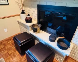 Leather storage ottomans, brass, ceramic and cast iron decor pieces
