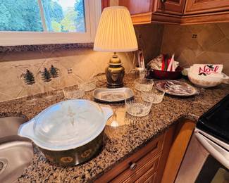 Brass table lamp, Zodiac pyrex dish