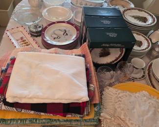 Serving dishes, Christmas china, table linens