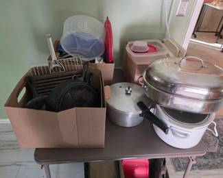 Cast iron skillets, crock-pot, oven roasting pan, pressure cooker, plastic storage containers
