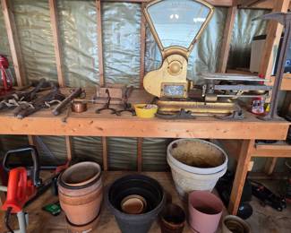 Miscellaneous antique items, Toledo scale, miscellaneous flower pots