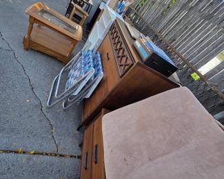 Nightstand, just of drawers, end table with glass top, outdoor chairs