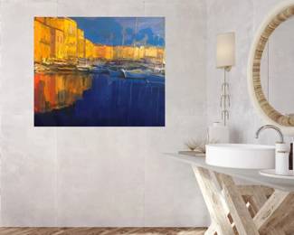 Marina By Yellow Houses - Natalia Kukhar 2016,Ukraine Oil on Canvas Unframed 31 x 26.5 inches