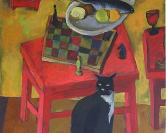 On The Red Table - Natalia Kukhar Ukraine, 2015 Oil on Canvas, Unframed 35 x 35 in