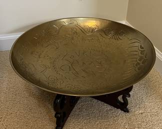 Brass engraved serving dish bowl with wood stand