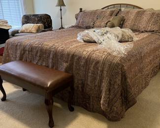 King bed frame, bedspread, and matching curtains *Mattress not for sale