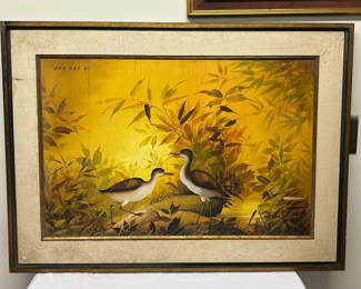 Lot 50: Oil Painting of Birds on Silk