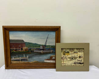 Lot 29: Folkart and Harborscape Oil Painting