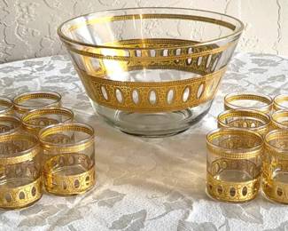 Vintage MidCentury Culver Gilt Signed Punch Bowl Glasses