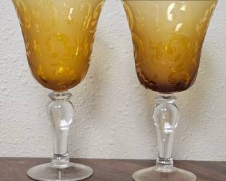 Amber Glass Etched Wine Glasses