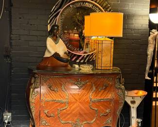 Bombe Commode, Zebra Light & Burled Lamp