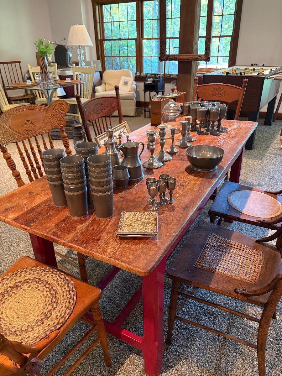 Antique table and pewter 