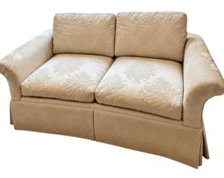 Crescent Shaped Two Cushion Loveseat With Damask Upholstery
