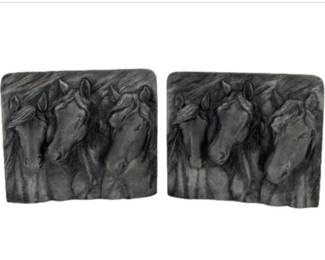 Pair Of Vintage Metallic Horse Head Relief Bookends