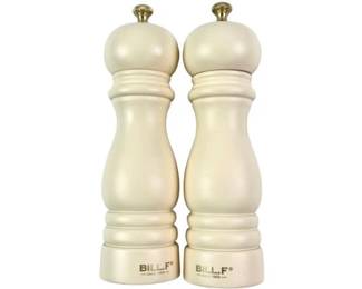 Pair Of BILL.F Cream Colored Wooden Salt And Pepper Mills
