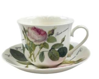 English Porcelain Roy Kirkham Breakfast Cup/Saucer, Redoute Rose, Set