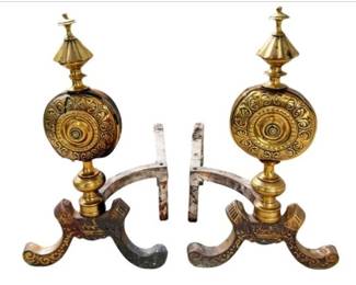 Brass Andirons - Embossed Circular Bosses & Finials Above Baluster Form Stem - Raised On Scrolling Feet
