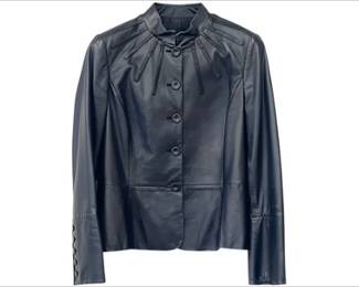 Ellen Tracy Vintage Black Leather Jacket With Decorative Ribbing Detail