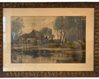 Vintage Carved Wood Framed Print - Thatched Cottage English Countryside - Signed And Dated 1901