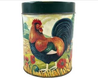 Vintage Metal Canister With Rooster & Poppy Floral Design