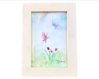 Hand Painted Watercolor Tulips And Butterflies - Signed Cary Wyckoff