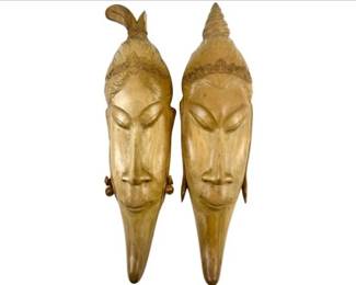 Pair Of Vintage Hand-Carved Balinese Wood Mask Wall Hangings
