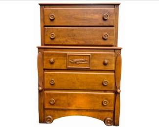 Maple Highboy Dresser With Airplane Motif - Plane & Propeller Relief