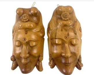 Pair Of Vintage Hand-Carved Wooden Bodhisattva Wall Masks