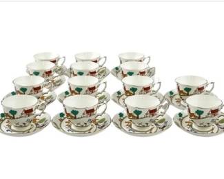 Set Of 14 Crown Staffordshire Hunting Scene Cup & Saucer Set