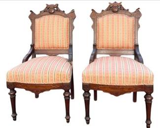 Pair Of Victorian Era Eastlake Walnut Parlor Chairs