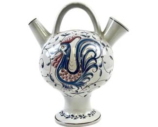 Portuguese Pottery Anfora Agueda Hand-Painted Floral Double Spouted Bridge Pitcher - Signed "Made In Portugal"